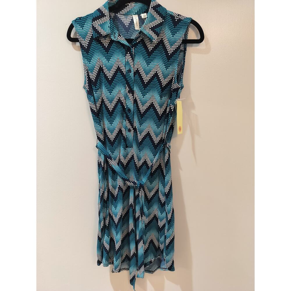 Tacera Chevron Print Sleeveless Shirt Dress S Tie Waist Blue NWT